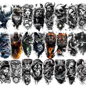 24-Pack Half Sleeve Temporary Tattoos for Adults - Realistic 3D Lion, Eagle, Skull, Jesus & Greek God Designs |   Waterproof Forearm Body Stickers for Men & Women (Gothic Style, Long Lasting)