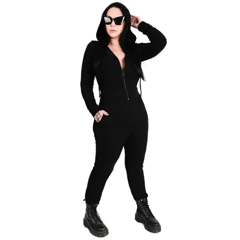 Foxblood Shop Women's Jesse French Terry Hoodie Jumpsuit - Plus Size, Oversized Stretchy, Casual Basic, Zipper Detail, Full Body, Monochromatic, No Restock Long Sleeve Overall