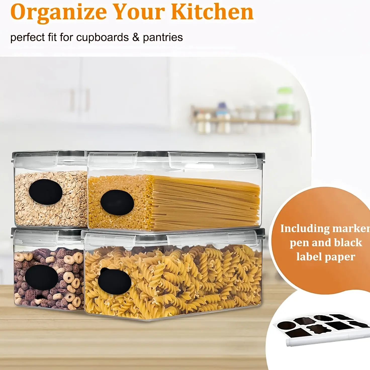 Kitchen Flour Sugar Storage Containers Set Of 4, Plastic Spaghetti Container, 3.5L Plastic Airtight Food Storage Containers With Lids For Kitchen Pantry Organization And Storage - Dry Food Containers, Labels & Marker