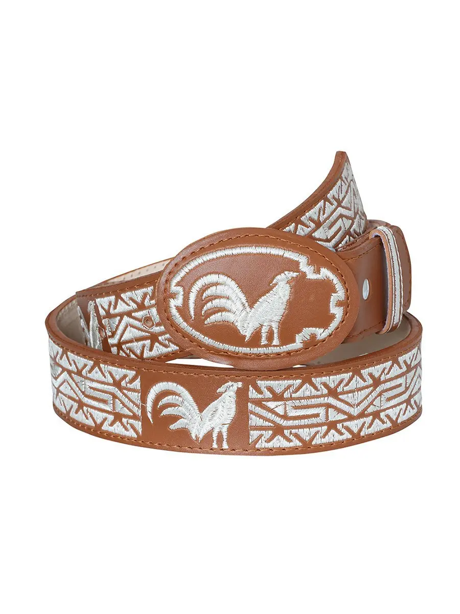 Men's Cowboy Belt in Honey Leather, Hand-Stitched Rooster Motif with Oval Western Buckle, Handmade in Mexico, Western Belt, Cowboy Belts