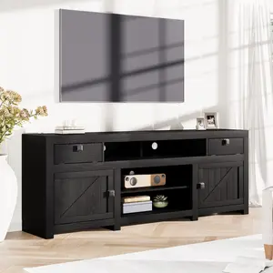 Garvee Farmhouse Style Entertainment Center for 75-80 Inch Screens, 70-Inch Long with 4 Storage Drawers and 3 Open Shelves, Black Console Stand for Living Room or Bedroom