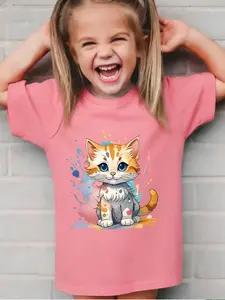 Girls' Watercolor Kitten Print T-Shirt, Comfortable Cartoon Cat Design, Soft Fabric, Casual Kids Top, Cute Clothing