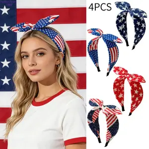 "4-Piece US Independence Day Bow Hairbands, Star & Stripes Rabbit Ear Headbands, Patriotic Festival Party Hair Accessories for Parades & Events
