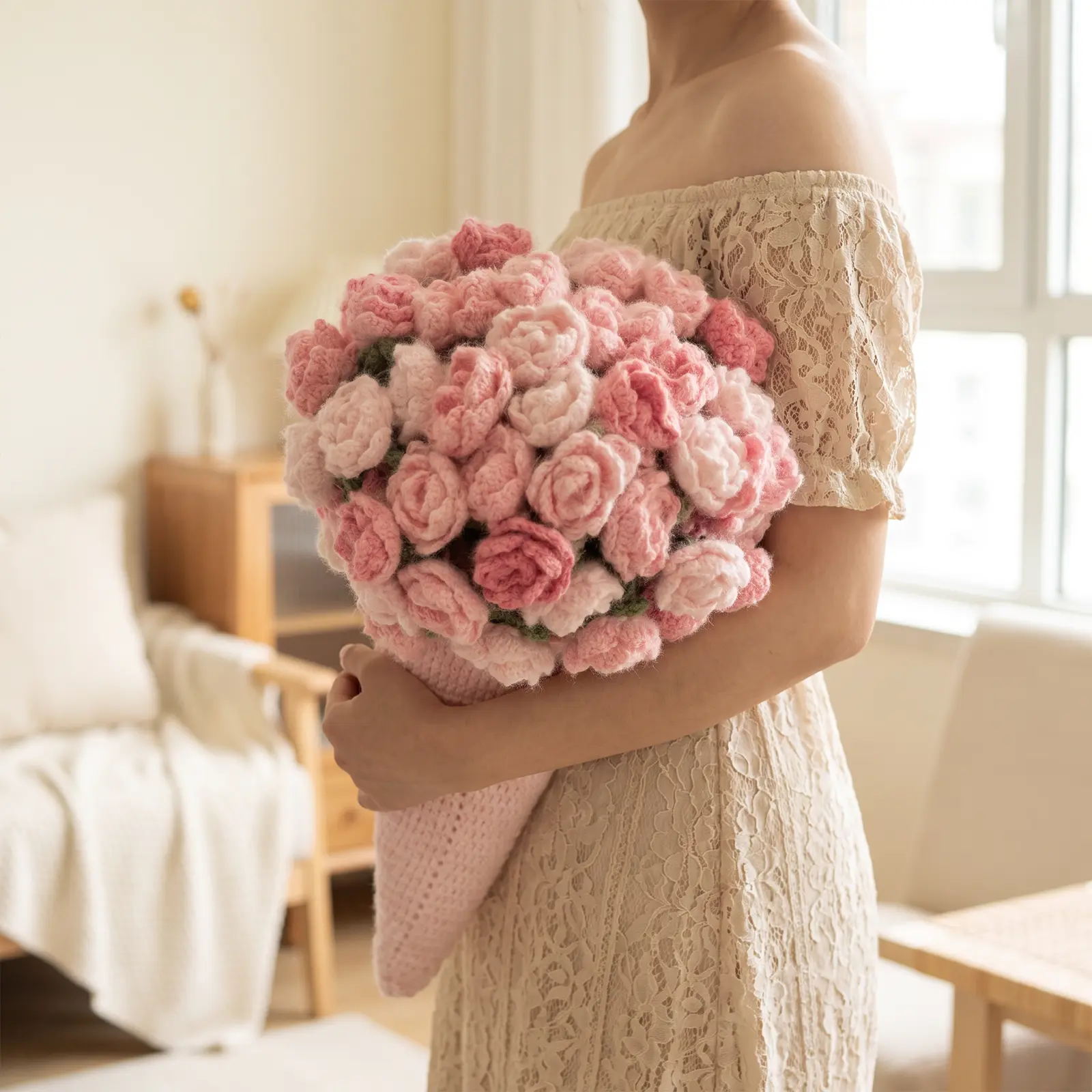 Creative Rose Bouquet Blanket: A 55-inch gradient pink crocheted blanket. Hand-crocheted with faux wool yarn, it’s warm, breathable, and gentle against the skin—perfect as both a decorative piece and a thoughtful gift! perfect birthday gift christmas gift