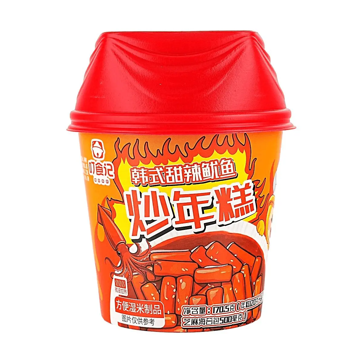 DINGSHIJI Korean Spicy Stir-Fried Rice Cakes with Squid - Instant Tteokbokki Cup (170.5g) - Chewy Squid & Soft Rice Cakes