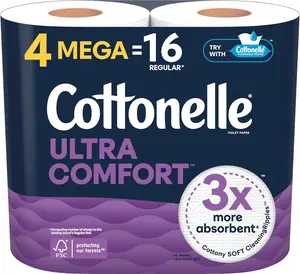 Cottonelle Ultra Comfort Soft Toilet Paper 4 Mega Rolls 16 Regular Rolls 3x More Absorbent 2 Ply 244 Sheets Per Roll Plush and Lasting