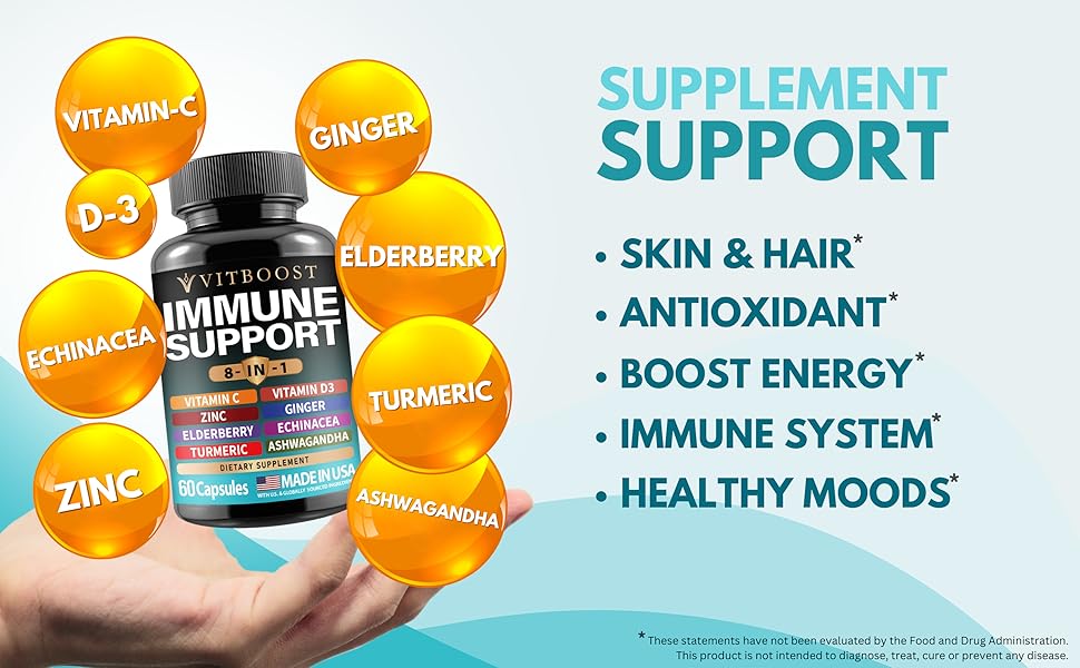 VITBOOST Ultimate Immune Support Supplement 8-in-1,Vitamin C, Dietary Vitamin D, Turmeric, ginger, 60 Count Healthcare Fitness Edible ashwagandha Zinc