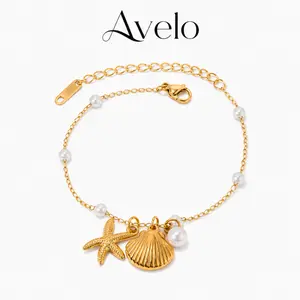 Beach Charm Pearl Bracelet for Women, Gold Starfish & Seashell Bracelet, Dainty Ocean Inspired Adjustable Jewelry Gift