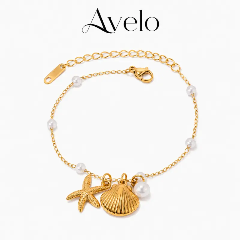 Women's Coastal Nautical Charm Bracelet - Dainty Gold-tone Metal Coating Bangle, Starfish/Seashell/Faux Pearls, Adjustable, 0.17 oz Lightweight, 6.69 in Dimensions, for Daily & Beach Outfits