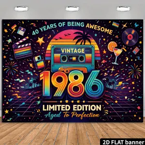 2D Flat Banner HD Digitally Printed Polyester Photography Backdrop, Soft Lightweight Foldable Machine Washable Background Cloth, Retro 80s Theme 1986 40th Birthday Party Design for Celebrations, Photo Booths, Video Studios, and Ev
