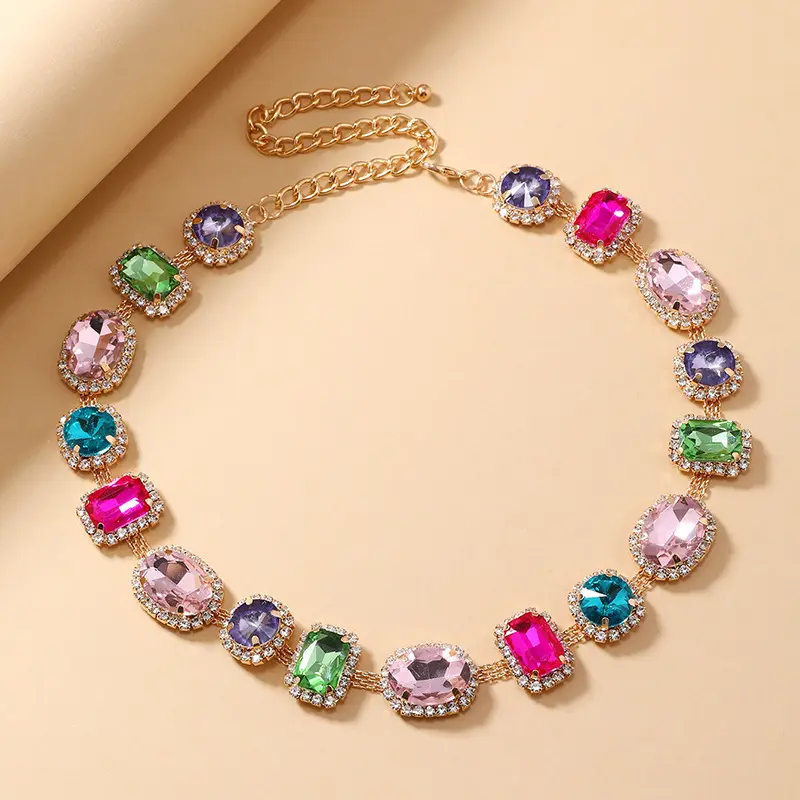 Women's Luxury Mixed-Cut Rhinestone Choker Necklace, Vintage Gold-Plated Rainbow Crystal Collar with Adjustable Extender Chain, Formal Cocktail Wedding Statement Non-Natural Crystal Jewelry