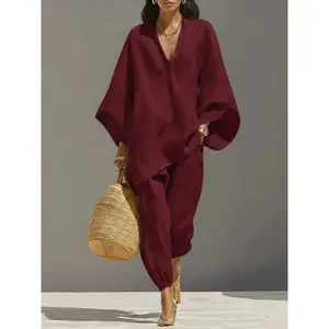 Minimalist Loose Fit Set, V Neck Shirt + Lantern Pants, Conceal Fat Slimming, Vacation Commute, Complete Dressing Set