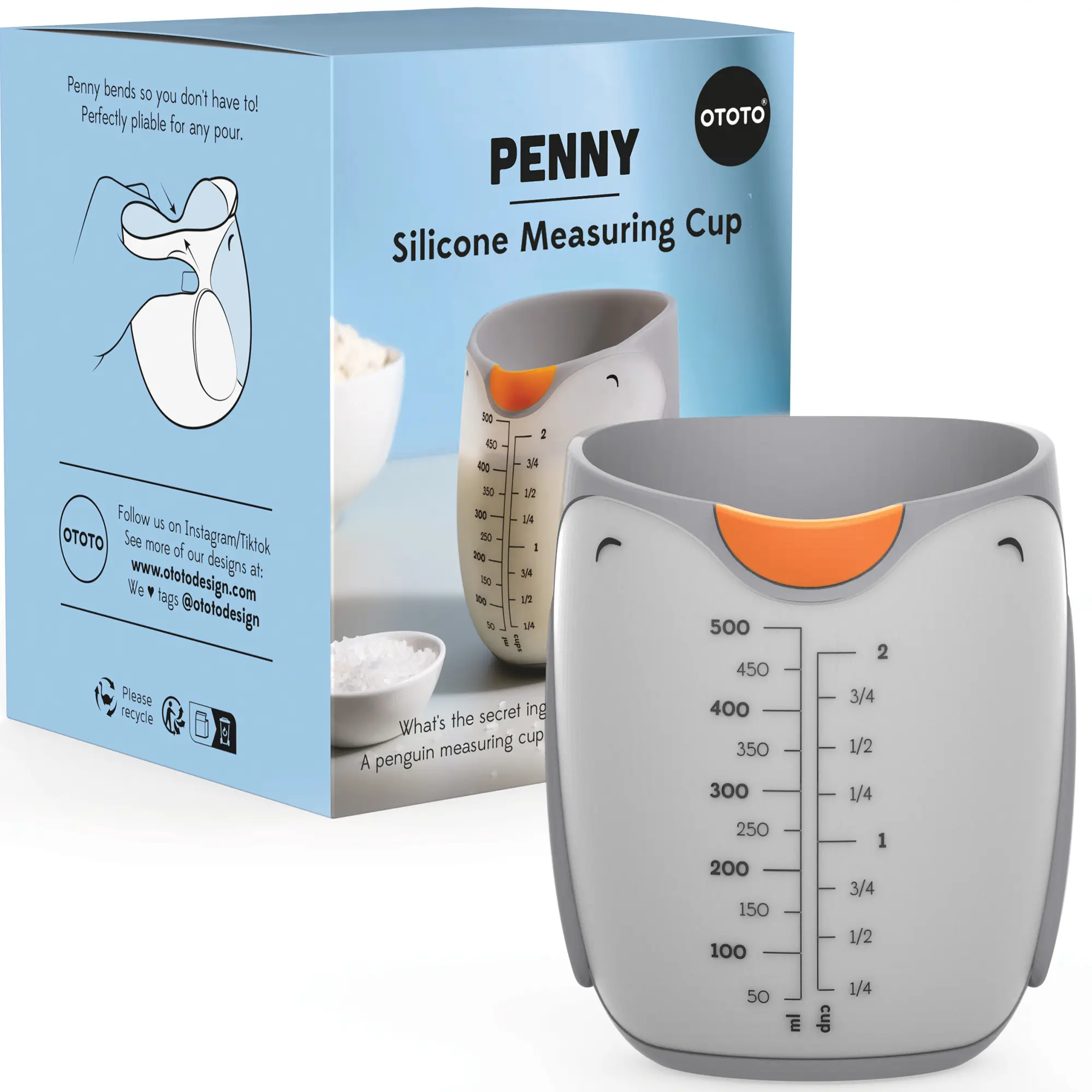 OTOTO Penny Penguin Silicone Measuring Cups for Cooking - 500ml 2 Cup Cute Measuring Cups for Baking, BPA-Free, Microwave Safe, Penguin Gifts, Cute Kitchen Accessories, Funny White Elephant Gifts