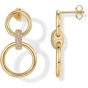 Women's 14 Karat Gold Plated 5.4Mm Chunky Hoop Earrings - Cubic Zirconia Drop Dangle Earrings with Convertible Links