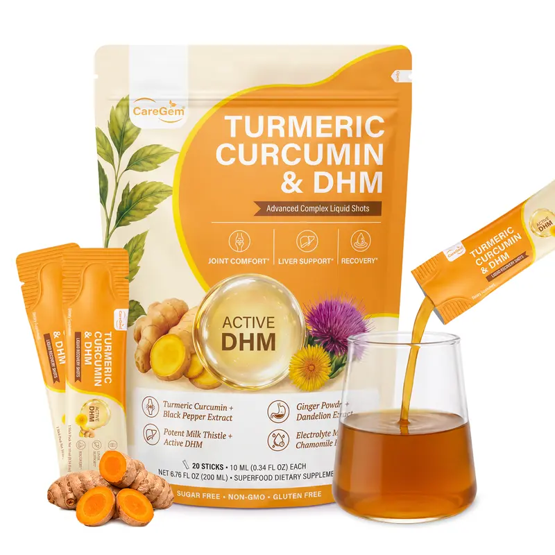 CareGem Turmeric Curcumin Liquid Shots with DHM & Glutathione - Liver Support Herbals, 12-in-1 Portable Packs Liquid Herbal Supplements - Milk Thistle, Tart Cherry, Dandelion - 20 Shots Pineapple Mango, 20x10mL