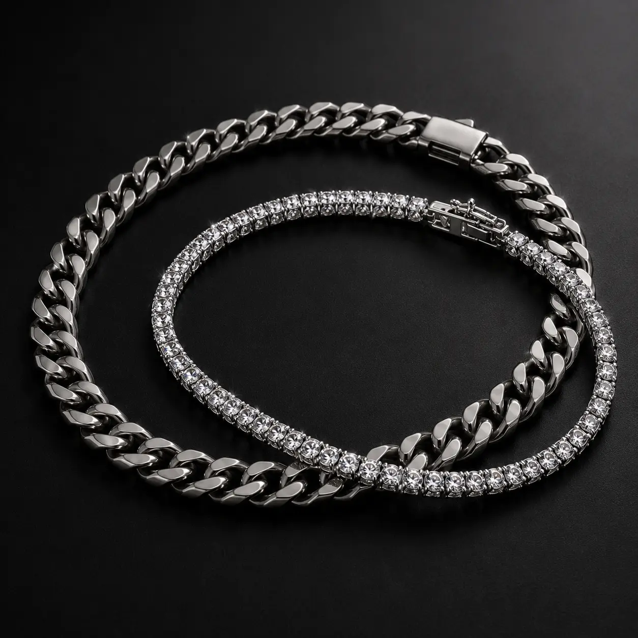 Stainless Steel Silver Cuban Tennis Chain Bangle - Artificial Zircon, Heavyweight Links - 7.5/8.5 In - Men's Casual Daily Hip Hop Fashion Costume Jewelry