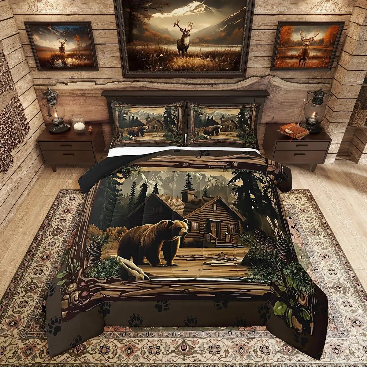 Feelyou Queen Bedspread Set - Wrinkle Resistant Microfiber Bed Comforter Set, Hunting Wild Bear Design, Retro Woodland Decor, Travel-Friendly All-Season Bedding for Kids, Multi-Size Options Included