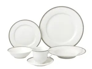 212 MAIN Modern 24-Piece Porcelain Dinnerware Set (Alyssa Collection, LH433 Lorenzo Import) - Silver 4-Person Set with Plates, Tea Dishes, Cutlery