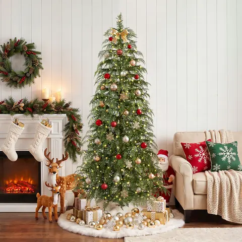 VeriNatural Pre-Lit Green Cypress Artificial Christmas Tree, 2/3/4/6/7.5FT Faux Xmas Tree with Warm White LED Lights, Indoor Holiday Decor