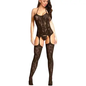 Womens Fishnet Bodystocking Plus Size Crotchless Bodysuit Tights Soft Nightwear Lingerie Womenswear Bridal Basic Black 06Fb Minimalist