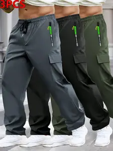 Men's Spring/Fall Zipper Pocket Work Pants, 3 Pack - Stylish Large Pockets with Elastic Waistband, Casual Outdoor & Everyday Wear Tight-Fitting Long Pants Activewear Sportswear Athletic Trouser pantalones para hombre pants for men cargo pants for men