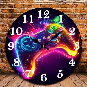 1 Neon Night Light Game Wall Clock - 10inch Modern Round Game Controller Design with Neon Light, Large Black Face and White Hands, Japanese Mechanical Movement (AA Batteries Not Included) - Suitable for Game Room, Living Room, Bedroom Decoration - Perfect