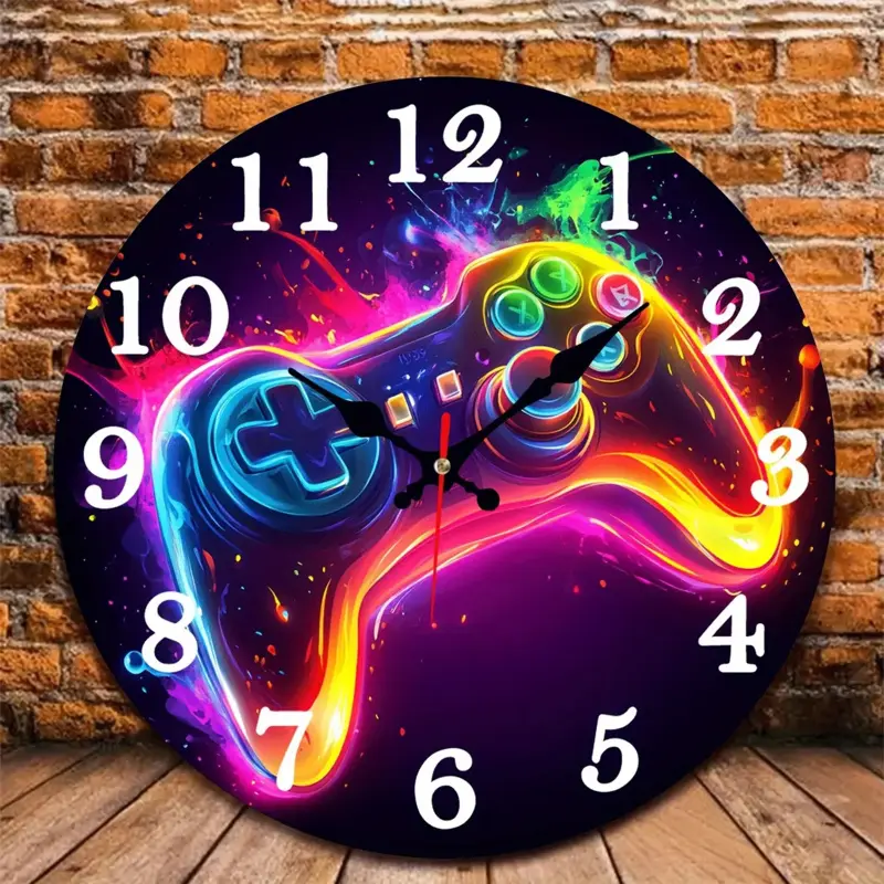 1 Neon Night Light Game Wall Clock Decorative, 10inch Modern Round Game Controller Design with Neon Light, Large Black Face and White Hands, Japanese Mechanical Movement (AA Batteries Not Included) - Suitable for Home Decor, Wall Clocks For Living Room