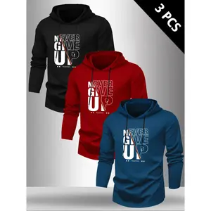 Men's 3-Piece Set Letter Graphic Print Fitted Hooded Long Sleeve T-Shirt, Fall Winter Outdoor Casual Versatile Top, 3-Pack