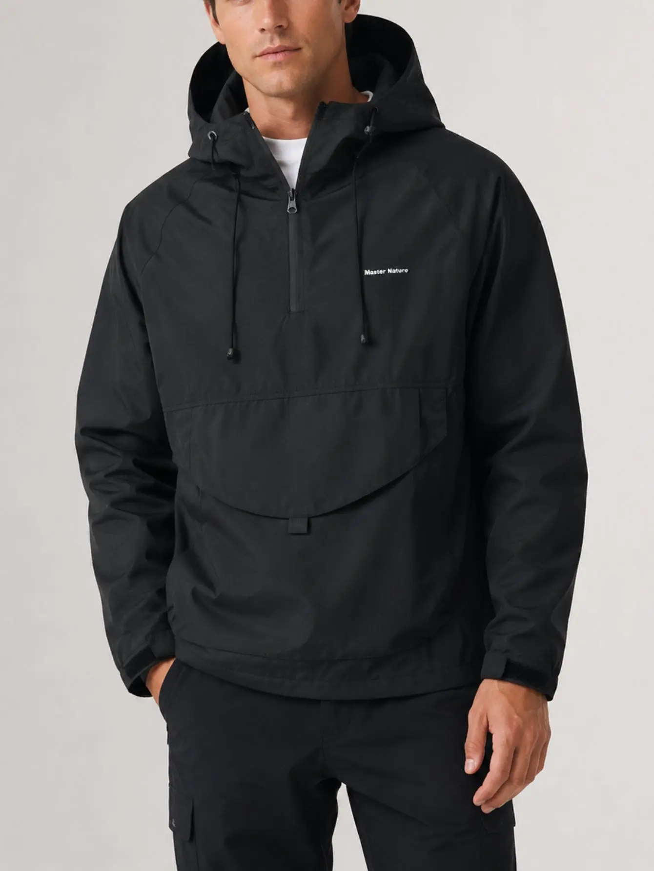Men’s half-zip hooded windbreaker jacket, outdoor pullover with cargo pockets, suitable for camping