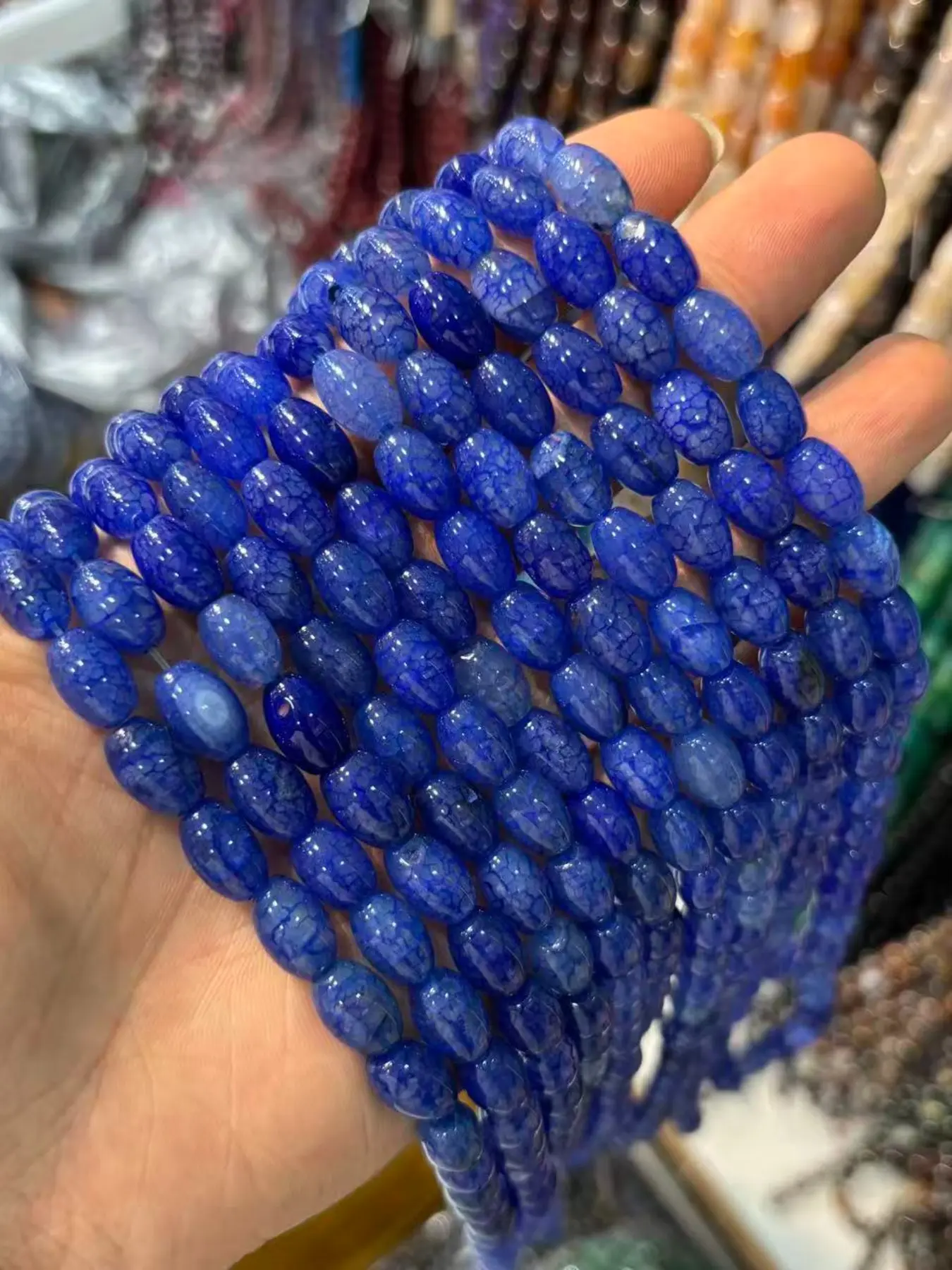 0.8cmx1.2cm Natural Stone Blue Dragon Pattern Agate Beads, DIY Jewelry Making Accessories, Bracelet, Necklace, Earring Components