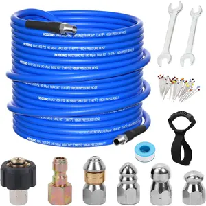 100FT  Washer Sewer Jetter Kit, 5800 PSI Water Jet Drain Cleaner Hose with Corner Rotating Button Nose Nozzle, 1/4 Inch NPT, Kit Includes Sewer Jetting Nozzles and Spanner Handle Strap