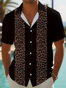 Men's Striped Leopard Pattern Print Button Front Shirt, Summer Fashion Casual Loose Fit, Breathable Comfort for Daily Wear, Travel, Party, Casual Graphic Shirt, Shortsleeve