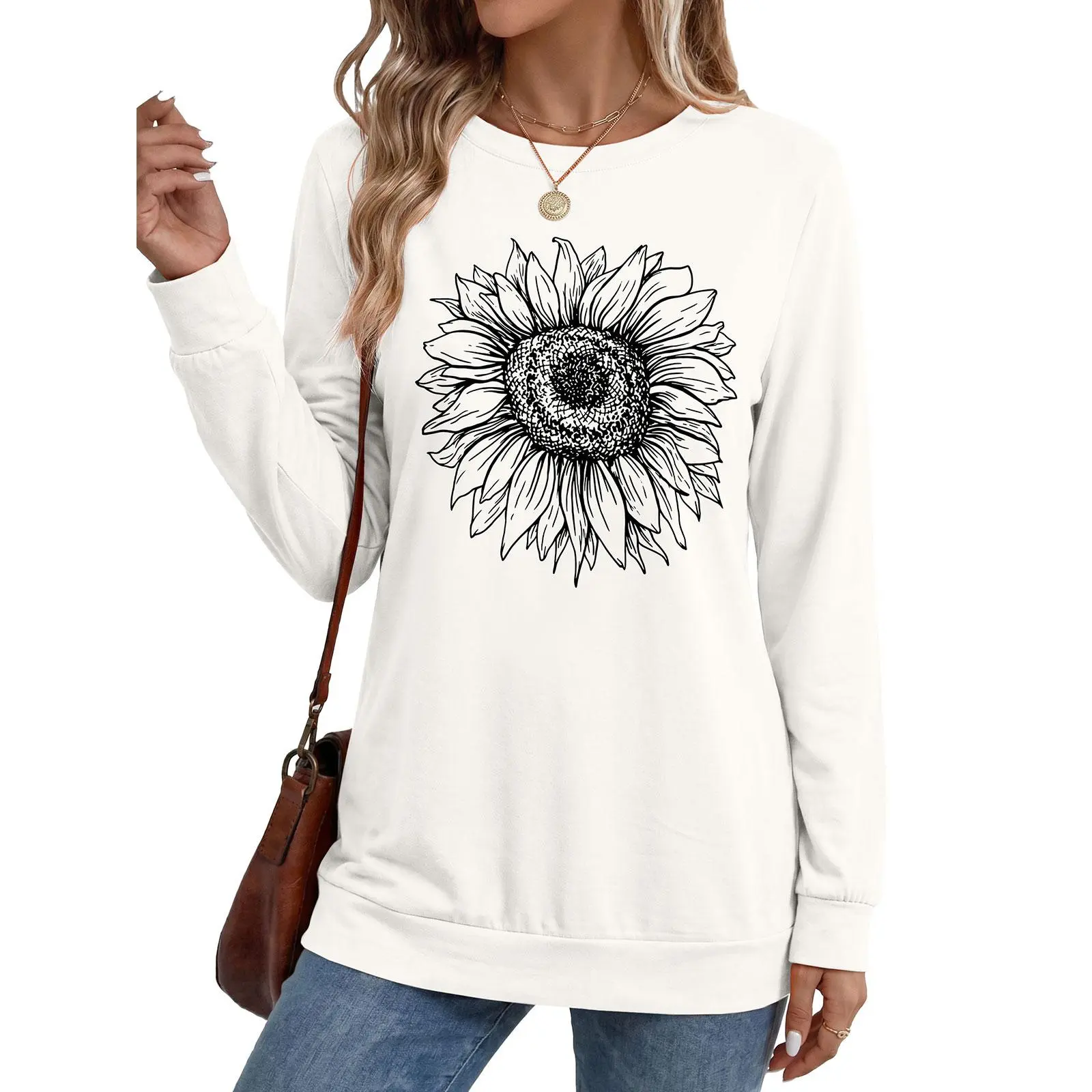 UNCLECAT Womens Long Sleeve Tunic Tops to Wear with Leggings Crew Neck Curved Hem Graphic Shirts Blouse