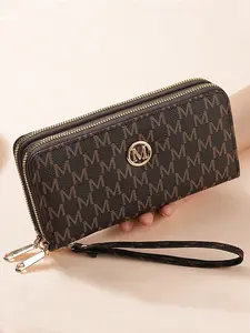 Elegant Vintage Long Clutch Bag for Women, Trendy Floral Print Wallet with Dual Zippers, M Letter Hardware Decor, Multi-Functional Fashion Handbag