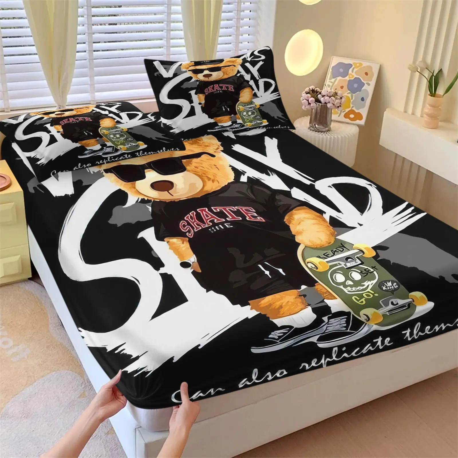 3Pcs Teddy Bear Skateboard Fitted Sheet Set, Streetwear Graffiti Bedding with Pillowcases, Soft Microfiber Deep Pocket Mattress Cover, Graffiti Pattern Bed Sheets for Kids Teens Boys Bedroom Dorm Decor, No Fillers
