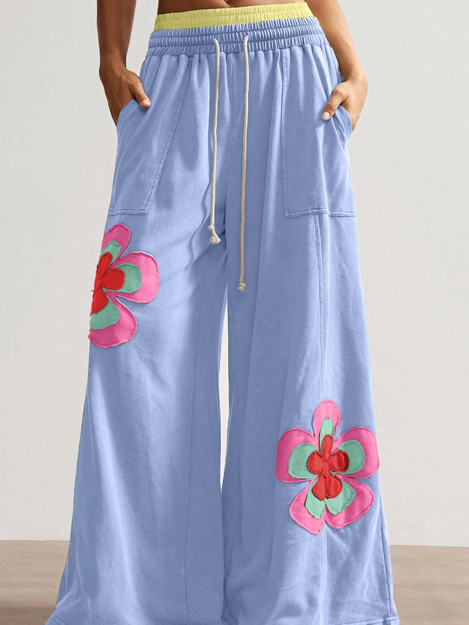 Women's Sky Blue Floral Patchwork Wide Leg Pants Casual Contrast Elastic Waist Drawstring Cotton Blend Pocket Streetwear Trousers