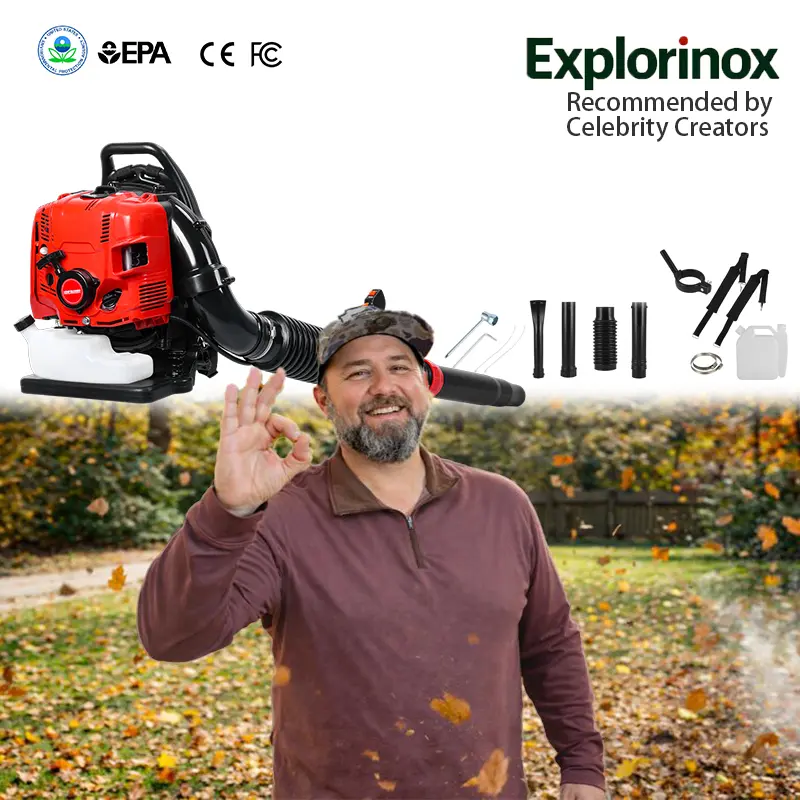 Explorinox Snow blower, 75.6CC 4-Stroke Backpack Gas Leaf Blower, Snow Blower, Up to 900 CFM and 210 MPH, Variable Speed, Cruise Control (Red)