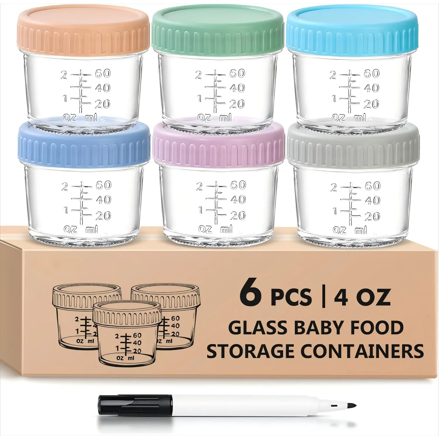 QUSEVOO 6-Pack 4 Oz BPA-Free Silicone Airtight Reusable Glass Kitchen Food Storage Containers, Leak-Proof Plastic-Sealed Nest Jars, Freezer/Microwave/Dishwasher Safe for Meal Prep, Freshness Maintenance