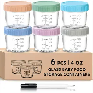 6 Pack Glass Baby Food Storage Containers 4 Oz Jars with Lids Microwave Dishwasher Safe BPA Free Reusable Leak Proof Food Grade Plastic Multicolor Non Toxic Formula for Baby Meals Vitamin Powdered Milk