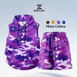 Men's Camo Sleeveless Hoodie Shorts Set Lightweight Workout Outfit Casual Gym Streetwear Athletic Matching Set Summer Outdoor Activewear menswear suit