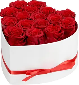 GLAMOUR BOUTIQUE Preserved Roses in a Box - Gifts for Her, Wife & Mom, Rose Flowers Forever Decor for Birthday Gift, Get Well Flower Bouquet Cased in White Box with Cover - Red - 16-Piece