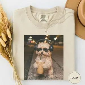 Comfort Colors Funny Maltipoo Drinking Iced Coffee Shirt, Animal Meme Tee, Dog Lover Gift, Funny Maltipoo Shirt, Coffee Tee, Cute Dog Mom Gift IH