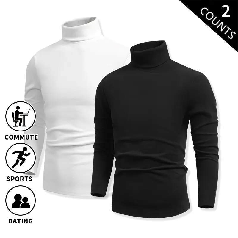 Men’s 2-Pack Thermal Fleece High-Neck Base Layer Long-Sleeve T-Shirts for Autumn/Winter, Slim Fit, Stretch, Solid Color