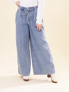 Striped Denim Pin Tuck Detail Wide Leg Pant | S-XL