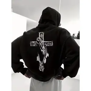 Men'S Heavyweight 250gsm Christian Prayer Hoodie with Prayer Hands & Cross Back Print - Beige/White Religious Sweatshirt, Loose Fit Winter Warmth, Machine Washable, Long Sleeve Hooded Pullover for Church, Outdoor Activities, Casual Wear - Ideal Christian