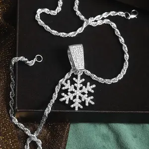 Snowflake Iced Gold Silver Plated Charm Pendant & 4mm 18" 20" 24" Rope Chain Hip Hop Style Necklace Jewelry Unisex Women Men (109G)