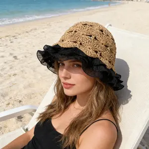 Summer Hollow Weave Lace-Edged Women's Straw Hat, Versatile Ruffled Fisherman Hat, Makes Face Look Smaller, Vacation and Outing Bucket Hat