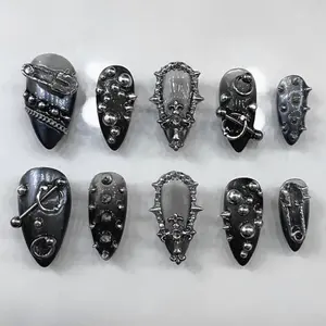 Chic Nail Studio Gunmetal Punk Press-On Nails, 3D Spikes, Chains & Stud Ornaments, Chrome Mirror Finish, Grunge Core Energy, Handmade Nail Art, Rebellious Style, Summer Alt Mood, Gifts for Her