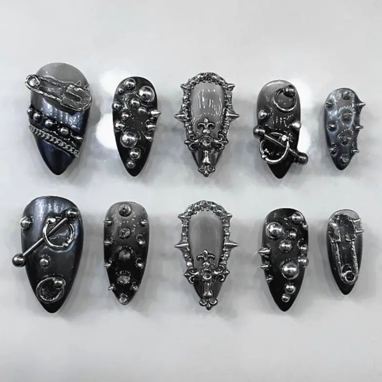 Chic Nail Studio Gunmetal Punk Press-On Nails, 3D Spikes, Chains & Stud Ornaments, Chrome Mirror Finish, Grunge Core Energy, Handmade Nail Art, Rebellious Style, Summer Alt Mood, Gifts for Her