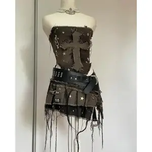 Y2KDenimStitchingandWashingToMakeOldTwo-pieceWoharajukuGothLong-sleevedZipperCoatMiniPleatedSkirtAutumnCoat